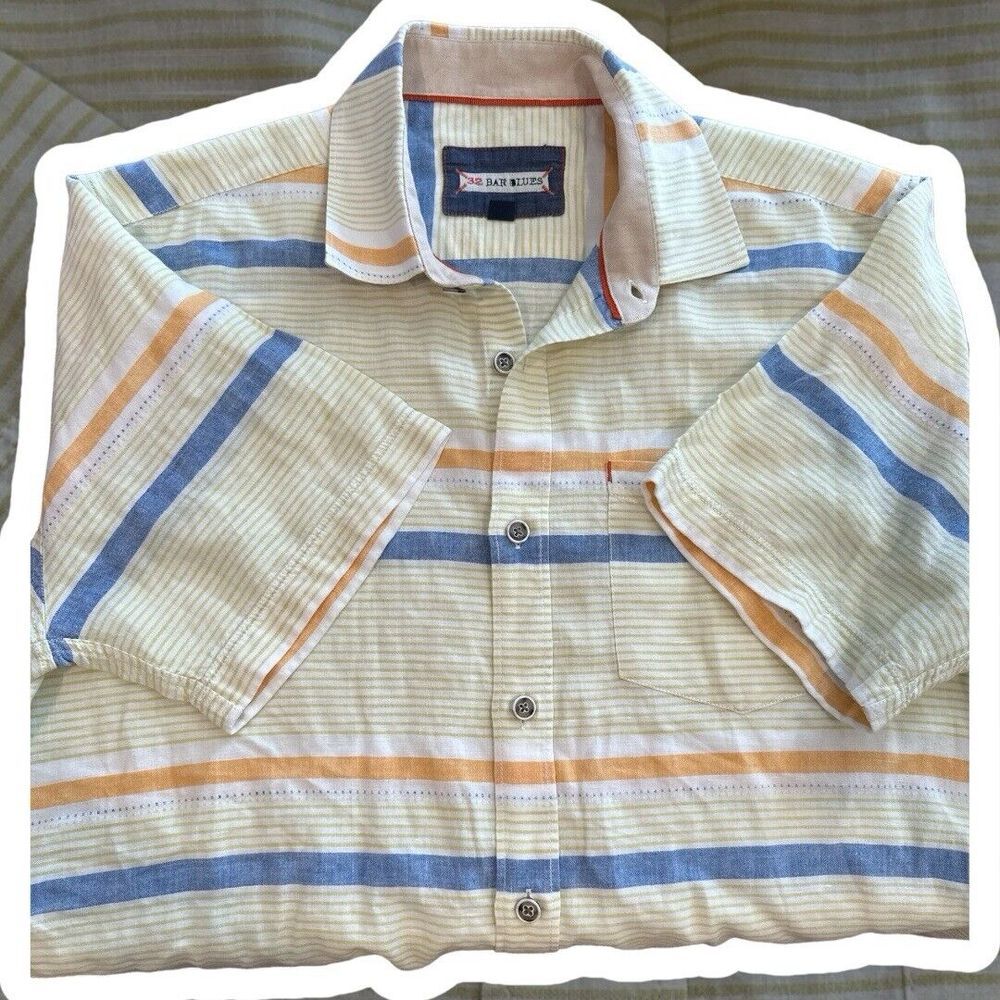 32 Bar‎ Blues Mens SIze M Colorful Stripe Button Front Shirt Short Sleeve